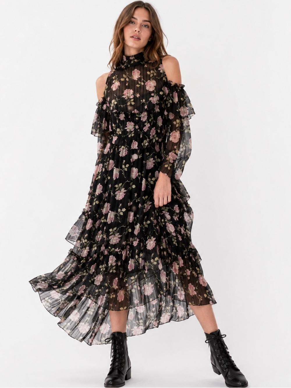 Ulla Johnson Marion Silk Floral Cold Shoulder Tiered Dress Black Pink Size 6